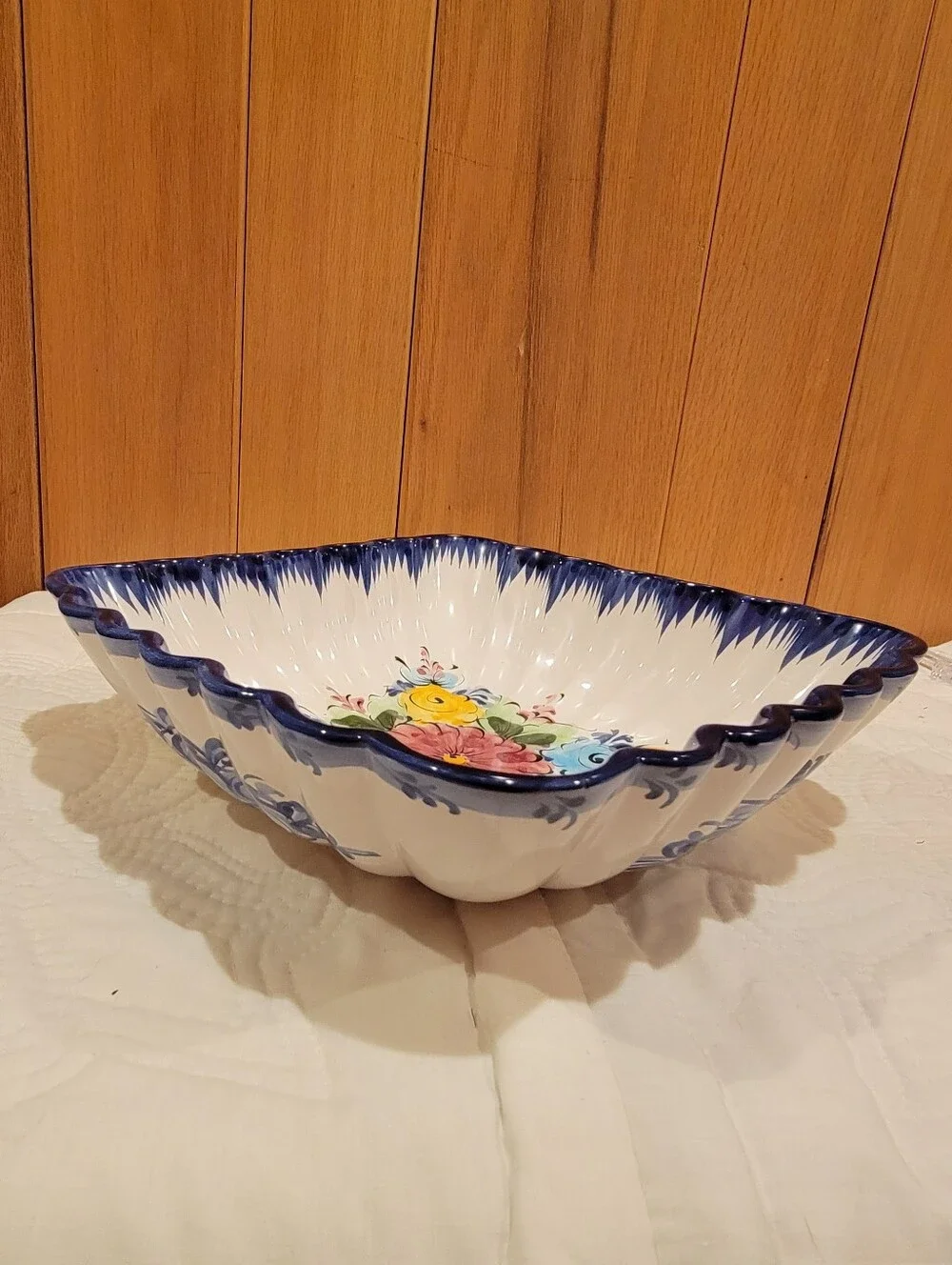 Vintage Alcobaca Portugal Ceramic Hand-Painted Fluted Square Bowl Vestal 1196